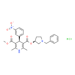 ChemSpider 2D Image | (3S)-1-Benzyl-3-pyrrolidinyl methyl (4R)-2,6-dimethyl-4-(3-nitrophenyl)-1,4-dihydro-3,5-pyridinedicarboxylate hydrochloride (1:1) | C27H30ClN3O6