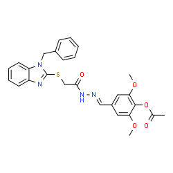ChemSpider 2D Image | 4-[(E)-({[(1-Benzyl-1H-benzimidazol-2-yl)sulfanyl]acetyl}hydrazono)methyl]-2,6-dimethoxyphenyl acetate | C27H26N4O5S