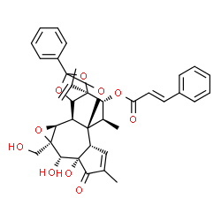 ChemSpider 2D Image | (1R,2R,6S,7S,8R,10S,11S,16S,17R,18R)-6,7-Dihydroxy-8-(hydroxymethyl)-16-isopropenyl-4,18-dimethyl-5-oxo-14-phenyl-9,13,15,19-tetraoxahexacyclo[12.4.1.0~1,11~.0~2,6~.0~8,10~.0~12,16~]nonadec-3-en-17-yl
 (2E)-3-phenylacrylate | C36H36O10