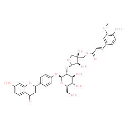 ChemSpider 2D Image | 4-[(2S)-7-Hydroxy-4-oxo-3,4-dihydro-2H-chromen-2-yl]phenyl 2-O-[(2S,3R,4S)-3,4-dihydroxy-4-({[(2E)-3-(4-hydroxy-3-methoxyphenyl)-2-propenoyl]oxy}methyl)tetrahydro-2-furanyl]-beta-D-glucopyranoside | C36H38O16