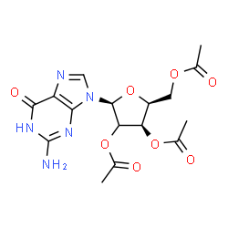 ChemSpider 2D Image | 2-Amino-9-[(2xi)-2,3,5-tri-O-acetyl-beta-L-threo-pentofuranosyl]-1,9-dihydro-6H-purin-6-one | C16H19N5O8
