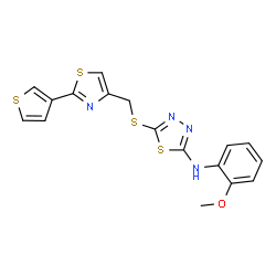 ChemSpider 2D Image | N-(2-Methoxyphenyl)-5-({[2-(3-thienyl)-1,3-thiazol-4-yl]methyl}sulfanyl)-1,3,4-thiadiazol-2-amine | C17H14N4OS4