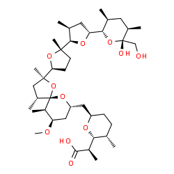 ChemSpider 2D Image | (2R)-2-[(2R,3S,6R)-6-{[(2S,4R,5S,7R,9R,10R)-2-{(2S,2'R,3'S,5S,5'R)-5'-[(2S,3S,5R,6R)-6-Hydroxy-6-(hydroxymethyl)-3,5-dimethyltetrahydro-2H-pyran-2-yl]-2,3'-dimethyloctahydro-2,2'-bifuran-5-yl}-9-metho
xy-2,4,10-trimethyl-1,6-dioxaspiro[4.5]dec-7-yl]methyl}-3-methyltetrahydro-2H-pyran-2-yl]propanoic acid | C40H68O11