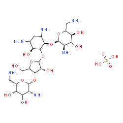 ChemSpider 2D Image | (1R,3S)-4,6-Diamino-2-({(4xi)-3-O-[(3xi)-2,6-diamino-2,6-dideoxy-beta-L-lyxo-hexopyranosyl]-D-erythro-pentofuranosyl}oxy)-3-hydroxycyclohexyl 2,6-diamino-2,6-dideoxy-alpha-D-erythro-hexopyranoside sul
fate (1:1) | C23H48N6O17S