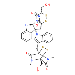 ChemSpider 2D Image | (1R,3R,11S,14R)-14-(Hydroxymethyl)-3-(3-{[(1R,4R)-4-(hydroxymethyl)-5,7-dimethyl-6,8-dioxo-2,3-dithia-5,7-diazabicyclo[2.2.2]oct-1-yl]methyl}-1H-indol-1-yl)-18-methyl-15,16-dithia-10,12,18-triazapenta
cyclo[12.2.2.0~1,12~.0~3,11~.0~4,9~]octadeca-4,6,8-triene-13,17-dione | C31H30N6O6S4
