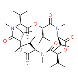 ChemSpider 2D Image | (3R,6S,9R,12S,15R,18S)-3-[(2R)-2-Butanyl]-6,9,12,15,18-pentaisopropyl-4,10,16-trimethyl-1,7,13-trioxa-4,10,16-triazacyclooctadecane-2,5,8,11,14,17-hexone | C34H59N3O9