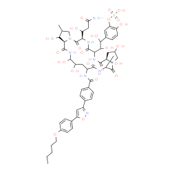 ChemSpider 2D Image | 5-(2-{(14aR,20R,25aR)-20-[(1S)-3-Amino-1-hydroxy-3-oxopropyl]-2,11,12,15-tetrahydroxy-6-(1-hydroxyethyl)-16-methyl-5,8,14,19,22,25-hexaoxo-9-[(4-{5-[4-(pentyloxy)phenyl]-1,2-oxazol-3-yl}benzoyl)amino]
tetracosahydro-1H-dipyrrolo[2,1-c:2',1'-l][1,4,7,10,13,16]hexaazacyclohenicosin-23-yl}-1,2-dihydroxyethyl)-2-hydroxyphenyl hydrogen sulfate | C56H71N9O23S