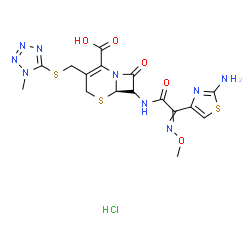 ChemSpider 2D Image | (6R)-7-{[(2-Amino-1,3-thiazol-4-yl)(methoxyimino)acetyl]amino}-3-{[(1-methyl-1H-tetrazol-5-yl)sulfanyl]methyl}-8-oxo-5-thia-1-azabicyclo[4.2.0]oct-2-ene-2-carboxylic acid hydrochloride (1:1) | C16H18ClN9O5S3