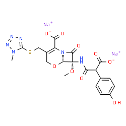 ChemSpider 2D Image | Disodium (6S,7R)-7-{[carboxylato(4-hydroxyphenyl)acetyl]amino}-7-methoxy-3-{[(1-methyl-1H-tetrazol-5-yl)sulfanyl]methyl}-8-oxo-5-oxa-1-azabicyclo[4.2.0]oct-2-ene-2-carboxylate | C20H18N6Na2O9S