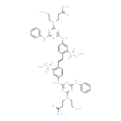ChemSpider 2D Image | Disodium 2,2'-(1,2-ethenediyl)bis[5-({4-[(3-amino-3-oxopropyl)(2-hydroxyethyl)amino]-6-anilino-1,3,5-triazin-2-yl}amino)benzenesulfonate] (non-preferred name) | C42H44N14Na2O10S2