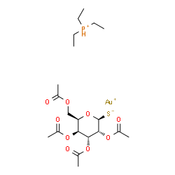 ChemSpider 2D Image | gold(1+);(2S,3R,4R,5S,6R)-3,4,5-triacetoxy-6-(acetoxymethyl)tetrahydropyran-2-thiolate;triethylphosphonium | C20H35AuO9PS