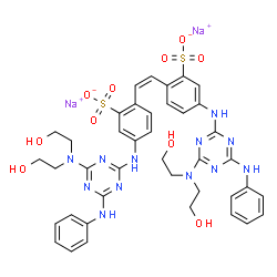 ChemSpider 2D Image | Disodium 2,2'-[(Z)-1,2-ethenediyl]bis[5-({4-anilino-6-[bis(2-hydroxyethyl)amino]-1,3,5-triazin-2-yl}amino)benzenesulfonate] | C40H42N12Na2O10S2