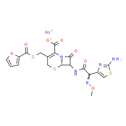 ChemSpider 2D Image | Sodium (6S)-7-{[(2-amino-1,3-thiazol-4-yl)(methoxyimino)acetyl]amino}-3-[(2-furoylsulfanyl)methyl]-8-oxo-5-thia-1-azabicyclo[4.2.0]oct-2-ene-2-carboxylate | C19H16N5NaO7S3