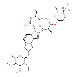 ChemSpider 2D Image | (2R,3S,6R)-6-({(2R,3aS,5aR,5bS,9S,13S,14R,16aS,16bR)-2-[(6-Deoxy-2,3,4-tri-O-methyl-alpha-L-mannopyranosyl)oxy]-9-ethyl-14-methyl-7,15-dioxo-2,3,3a,5a,5b,6,7,9,10,11,12,13,14,15,16a,16b-hexadecahydro-
1H-as-indaceno[3,2-d]oxacyclododecin-13-yl}oxy)-N,N,2-trimethyltetrahydro-2H-pyran-3-aminium | C41H66NO10