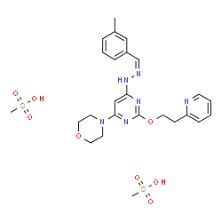 ChemSpider 2D Image | 4-{6-[(2Z)-2-(3-Methylbenzylidene)hydrazino]-2-[2-(2-pyridinyl)ethoxy]-4-pyrimidinyl}morpholine methanesulfonate (1:2) | C25H34N6O8S2