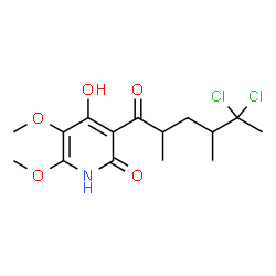 ChemSpider 2D Image | 3-(5,5-Dichloro-2,4-dimethylhexanoyl)-4-hydroxy-5,6-dimethoxy-2(1H)-pyridinone | C15H21Cl2NO5