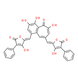 ChemSpider 2D Image | (5Z,5'Z)-5,5'-[(3,4,6-Trihydroxy-5-oxo-5H-benzo[7]annulene-1,8-diyl)di(Z)methylylidene]bis(4-hydroxy-3-phenyl-2(5H)-furanone) | C33H20O10