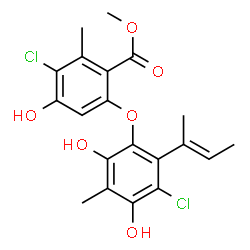 ChemSpider 2D Image | Methyl 6-{2-[(2E)-2-buten-2-yl]-3-chloro-4,6-dihydroxy-5-methylphenoxy}-3-chloro-4-hydroxy-2-methylbenzoate | C20H20Cl2O6