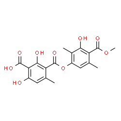 ChemSpider 2D Image | 2,6-Dihydroxy-3-{[3-hydroxy-4-(methoxycarbonyl)-2,5-dimethylphenoxy]carbonyl}-4-methylbenzoic acid | C19H18O9