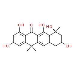 ChemSpider 2D Image | 2,4,6,7,9-Pentahydroxy-7,12,12-trimethyl-7,9,10,12-tetrahydro-5(8H)-tetracenone | C21H22O6