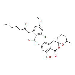 ChemSpider 2D Image | 5-Hydroxy-11-methoxy-6'-methyl-9-(2-oxoheptyl)-3',4',5',6'-tetrahydro-8H-spiro[isochromeno[5,6-b][1,4]benzodioxepine-2,2'-pyran]-4,8(1H)-dione | C29H32O9