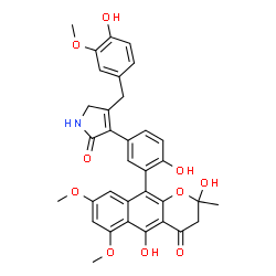 ChemSpider 2D Image | 3-[3-(2,5-Dihydroxy-6,8-dimethoxy-2-methyl-4-oxo-3,4-dihydro-2H-benzo[g]chromen-10-yl)-4-hydroxyphenyl]-4-(4-hydroxy-3-methoxybenzyl)-1,5-dihydro-2H-pyrrol-2-one | C34H31NO10