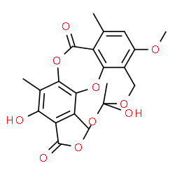 ChemSpider 2D Image | 3,9-Dihydroxy-13-methoxy-2,9,15-trimethyl-6,8,10,18,20-pentaoxapentacyclo[14.3.2.1~4,7~.0~12,17~.0~19,22~]docosa-1,3,12,14,16,19(22)-hexaene-5,21-dione | C21H18O10