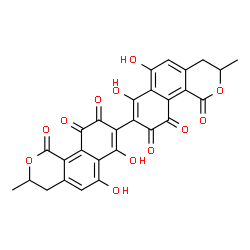 ChemSpider 2D Image | 6,6',7,7'-Tetrahydroxy-3,3'-dimethyl-3,3',4,4'-tetrahydro-1H,1'H-8,8'-bibenzo[h]isochromene-1,1',9,9',10,10'-hexone | C28H18O12