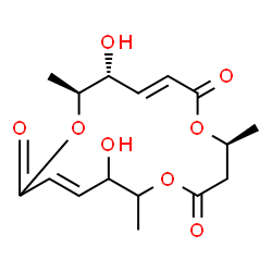 ChemSpider 2D Image | (4S,7E,9R,10S,13E)-9,15-Dihydroxy-4,10,16-trimethyl-1,5,11-trioxacyclohexadeca-7,13-diene-2,6,12-trione | C16H22O8
