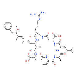 ChemSpider 2D Image | (2Z,5R,8S,11R,15S,18S,19S,22R)-15-{3-[(Diaminomethylene)amino]propyl}-2-ethylidene-18-[(1E,3E,5S,6S)-6-methoxy-3,5-dimethyl-7-phenyl-1,3-heptadien-1-yl]-5,19-dimethyl-8-(3-methylbutyl)-3,6,9,13,16,20,
25-heptaoxo-1,4,7,10,14,17,21-heptaazacyclopentacosane-11,22-dicarboxylic acid | C49H74N10O12