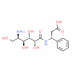 ChemSpider 2D Image | (3R)-3-{[(2R,3S,4S,5R)-5-Amino-2,3,4,6-tetrahydroxyhexanoyl]amino}-3-phenylpropanoic acid (non-preferred name) | C15H22N2O7