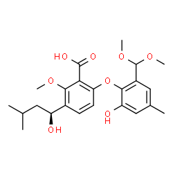 ChemSpider 2D Image | 6-[2-(Dimethoxymethyl)-6-hydroxy-4-methylphenoxy]-3-[(1S)-1-hydroxy-3-methylbutyl]-2-methoxybenzoic acid | C23H30O8