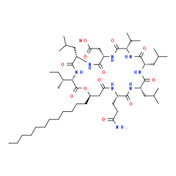 ChemSpider 2D Image | {(3S,6S,9S,12S,15S,18S,21S,25R)-21-(3-Amino-3-oxopropyl)-3-[(2R)-2-butanyl]-25-dodecyl-6,15,18-triisobutyl-12-isopropyl-2,5,8,11,14,17,20,23-octaoxo-1-oxa-4,7,10,13,16,19,22-heptaazacyclopentacosan-9-
yl}acetic acid | C53H94N8O12