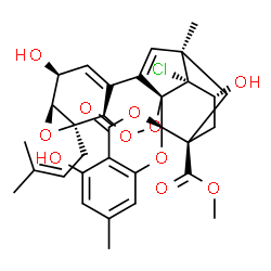 ChemSpider 2D Image | Methyl (1'S,2R,4'R,5'S,7'S,8'S,13'R,15'S,17'R,18'R)-18'-chloro-5,8',17'-trihydroxy-7,13'-dimethyl-5'-(3-methyl-2-buten-1-yl)-4-oxo-4H,15'H-spiro[1,3-benzodioxine-2,19'-[2,3,6]trioxahexacyclo[13.3.1.0~
1,11~.0~4,10~.0~5,7~.0~13,18~]nonadeca[9,11]diene]-15'-carboxylate | C32H33ClO11