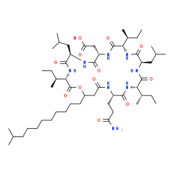 ChemSpider 2D Image | [(3S,6R,9S,12S,15R,18S,21S)-21-(3-Amino-3-oxopropyl)-3,12,18-tri[(2S)-2-butanyl]-6,15-diisobutyl-25-(10-methylundecyl)-2,5,8,11,14,17,20,23-octaoxo-1-oxa-4,7,10,13,16,19,22-heptaazacyclopentacosan-9-y
l]acetic acid | C54H96N8O12