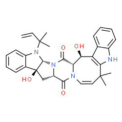 ChemSpider 2D Image | (7Z,10aS,11aS,16aR,18aS,19S)-11a,19-Dihydroxy-6,6-dimethyl-16-(2-methyl-3-buten-2-yl)-11,11a,16,16a,18a,19-hexahydro-5H-indolo[3''',2''':4'',5'']azocino[1'',2'':4',5']pyrazino[1',2':1,5]pyrrolo[2,3-b]
indole-10,18(6H,10aH)-dione | C32H34N4O4