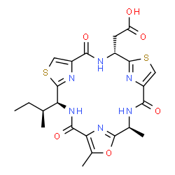 ChemSpider 2D Image | [(4S,11S,18R)-11-[(2S)-2-Butanyl]-4,7-dimethyl-2,9,16-trioxo-6-oxa-13,20-dithia-3,10,17,22,23,24-hexaazatetracyclo[17.2.1.1~5,8~.1~12,15~]tetracosa-1(21),5(24),7,12(23),14,19(22)-hexaen-18-yl]acetic a
cid | C23H26N6O6S2