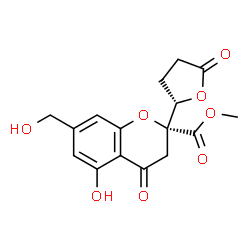 ChemSpider 2D Image | Methyl (2R)-5-hydroxy-7-(hydroxymethyl)-4-oxo-2-[(2S)-5-oxotetrahydro-2-furanyl]-2-chromanecarboxylate | C16H16O8