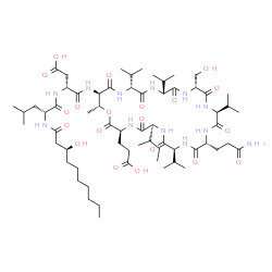 ChemSpider 2D Image | N-[(3S)-3-Hydroxydecanoyl]-D-leucyl-N-[(3S,6S,9S,12R,15S,18R,21R,24R,27R,28R)-12-(3-amino-3-oxopropyl)-6-[(2R)-2-butanyl]-3-(2-carboxyethyl)-18-(hydroxymethyl)-9,15,21,24-tetraisopropyl-28-methyl-2,5,
8,11,14,17,20,23,26-nonaoxo-1-oxa-4,7,10,13,16,19,22,25-octaazacyclooctacosan-27-yl]-D-alpha-asparagine | C63H108N12O20