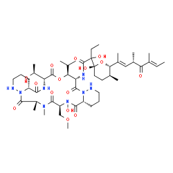 ChemSpider 2D Image | 2-{(2R,5S,6S)-6-[(2E,4S,6E)-4,6-Dimethyl-5-oxo-2,6-octadien-2-yl]-2-hydroxy-5-methyltetrahydro-2H-pyran-2-yl}-2-hydroxy-N-[(4aR,7S,10R,16aR,19R,22S,23S)-6-hydroxy-19-[(1S)-1-hydroxyethyl]-22-isopropyl
-7-(methoxymethyl)-9,10-dimethyl-5,8,11,17,20,24-hexaoxodocosahydro-13H,22H-dipyridazino[6,1-f:6',1'-o][1,4,7,10,13,16]oxapentaazacyclononadecin-23-yl]butanamide | C48H78N8O15