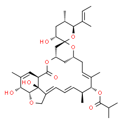 ChemSpider 2D Image | (1'R,2S,3R,4'S,5S,6S,8'R,10'E,12'R,13'S,14'E,16'E,20'R,21'R,24'S)-6-[(2E)-2-Buten-2-yl]-3,21',24'-trihydroxy-5,11',13',22'-tetramethyl-2'-oxo-3,4,5,6-tetrahydrospiro[pyran-2,6'-[3,7,19]trioxatetracycl
o[15.6.1.1~4,8~.0~20,24~]pentacosa[10,14,16,22]tetraen]-12'-yl 2-methylpropanoate | C38H54O10