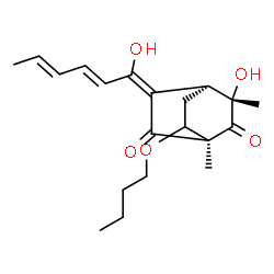 ChemSpider 2D Image | (1R,3S,4S,5E)-7-Butoxy-3-hydroxy-5-[(2E,4E)-1-hydroxy-2,4-hexadien-1-ylidene]-1,3-dimethylbicyclo[2.2.2]octane-2,6-dione | C20H28O5