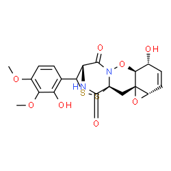 ChemSpider 2D Image | (1R,3S,5S,8R,9S,13S)-8-Hydroxy-14-(2-hydroxy-3,4-dimethoxyphenyl)-4,10-dioxa-15,16-dithia-11,18-diazapentacyclo[11.3.2.0~1,11~.0~3,5~.0~3,9~]octadec-6-ene-12,17-dione | C20H20N2O8S2