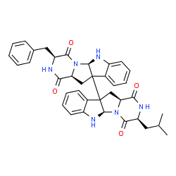 ChemSpider 2D Image | (3S,3'S,5aR,5a'R,11aS,11a'S)-3-Benzyl-3'-isobutyl-2,2',3,3',5a,5a',6,6',11,11',11a,11a'-dodecahydro-10b,10b'-bipyrazino[1',2':1,5]pyrrolo[2,3-b]indole-1,1',4,4'-tetrone | C37H38N6O4