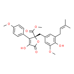 ChemSpider 2D Image | Methyl (2R)-4-hydroxy-2-[4-hydroxy-3-methoxy-5-(3-methyl-2-buten-1-yl)benzyl]-3-(4-methoxyphenyl)-5-oxo-2,5-dihydro-2-furancarboxylate | C26H28O8