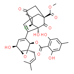 ChemSpider 2D Image | Methyl (1S,3S,6R,7S)-7-chloro-4-[(1R,2R,5S,6S)-2-[(2,6-dihydroxy-4-methylbenzoyl)oxy]-5-hydroxy-1-(3-methyl-2-buten-1-yl)-7-oxabicyclo[4.1.0]hept-3-en-3-yl]-3-hydroxy-6-methyl-2,8-dioxotricyclo[4.3.1.
0~3,7~]dec-4-ene-1-carboxylate | C32H33ClO11