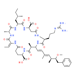 ChemSpider 2D Image | (2E,5R,8S,11R,15S,19S,22R)-15-{3-[(Diaminomethylene)amino]propyl}-2-ethylidene-18-[(1E,3E,5S,6S)-6-methoxy-3,5-dimethyl-7-phenyl-1,3-heptadien-1-yl]-5,19-dimethyl-8-[(2S)-2-methylbutyl]-3,6,9,13,16,20
,25-heptaoxo-1,4,7,10,14,17,21-heptaazacyclopentacosane-11,22-dicarboxylic acid | C49H74N10O12