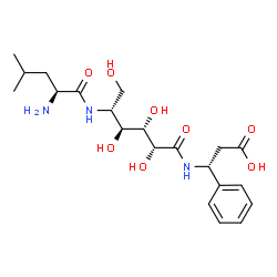 ChemSpider 2D Image | (3R)-3-{[(2R,3S,4S,5R)-5-{[(2S)-2-Amino-4-methylpentanoyl]amino}-2,3,4,6-tetrahydroxyhexanoyl]amino}-3-phenylpropanoic acid (non-preferred name) | C21H33N3O8