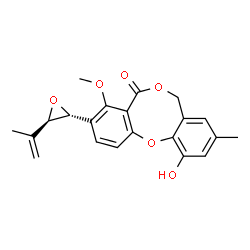 ChemSpider 2D Image | 11-Hydroxy-3-[(2R,3R)-3-isopropenyl-2-oxiranyl]-4-methoxy-9-methyl-5H,7H-dibenzo[b,g][1,5]dioxocin-5-one | C21H20O6