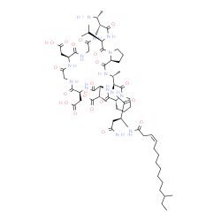 ChemSpider 2D Image | (2S)-2-[(6R,9R,15S,21S,24S,26aR,33S,34R,36aS)-9-[(1R)-1-Aminoethyl]-15,21-bis(carboxymethyl)-6-isopropyl-34-methyl-33-({N~2~-[(3Z)-12-methyl-3-tetradecenoyl]-L-asparaginyl}amino)-5,8,11,14,17,20,23,26
,32,36-decaoxotetratriacontahydro-1H,5H-pyrido[1,2-a]pyrrolo[1,2-y][1,4,7,10,13,16,19,22,25,28]decaazacyclohentriacontin-24-yl]propanoic acid | C60H96N14O19